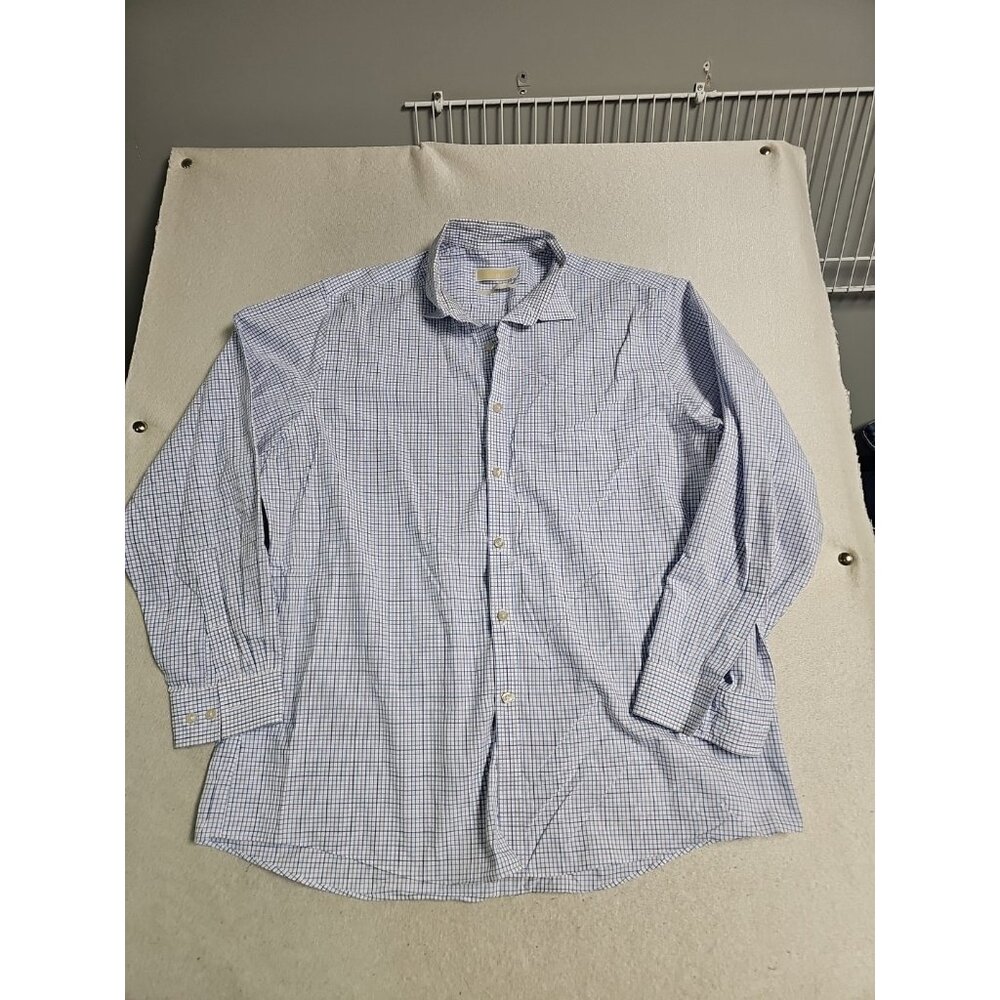 Michael Kors Check Dress Shirt 17.5 - 34/35 L Large Blue Purpl Plaid Button Down